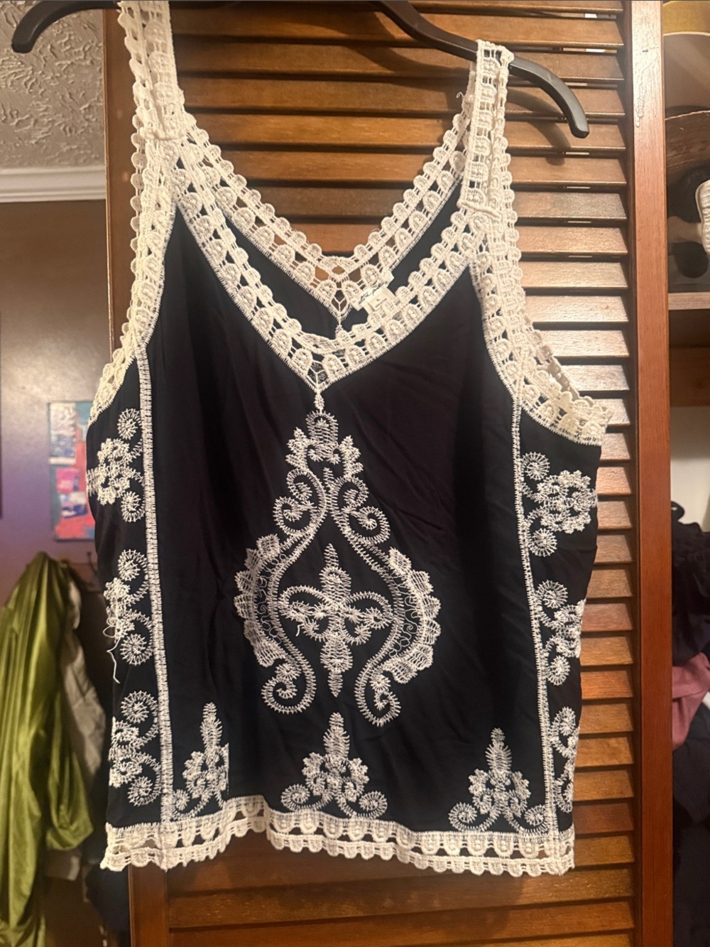 Women's Tank Top with White Crochet Trim and Embroidered Detail